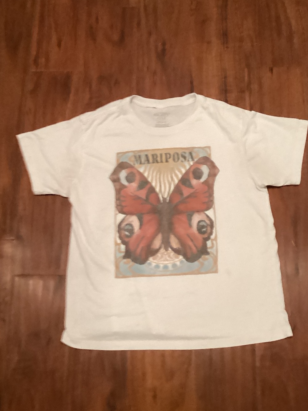 Mighty Fine White Tee with Red Butterfly Graphic